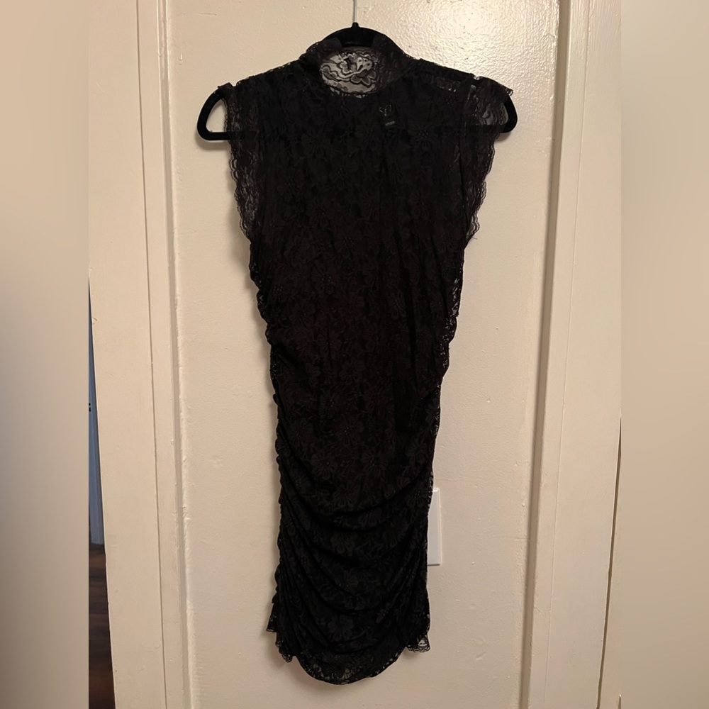 Windsor black lace mini dress with ruched sides size medium